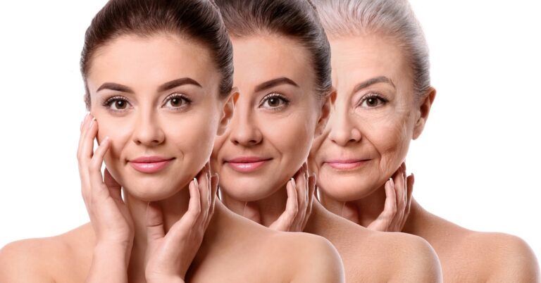 A series of portraits shows a woman aging from youth to older adulthood, illustrating visible facial changes over time.