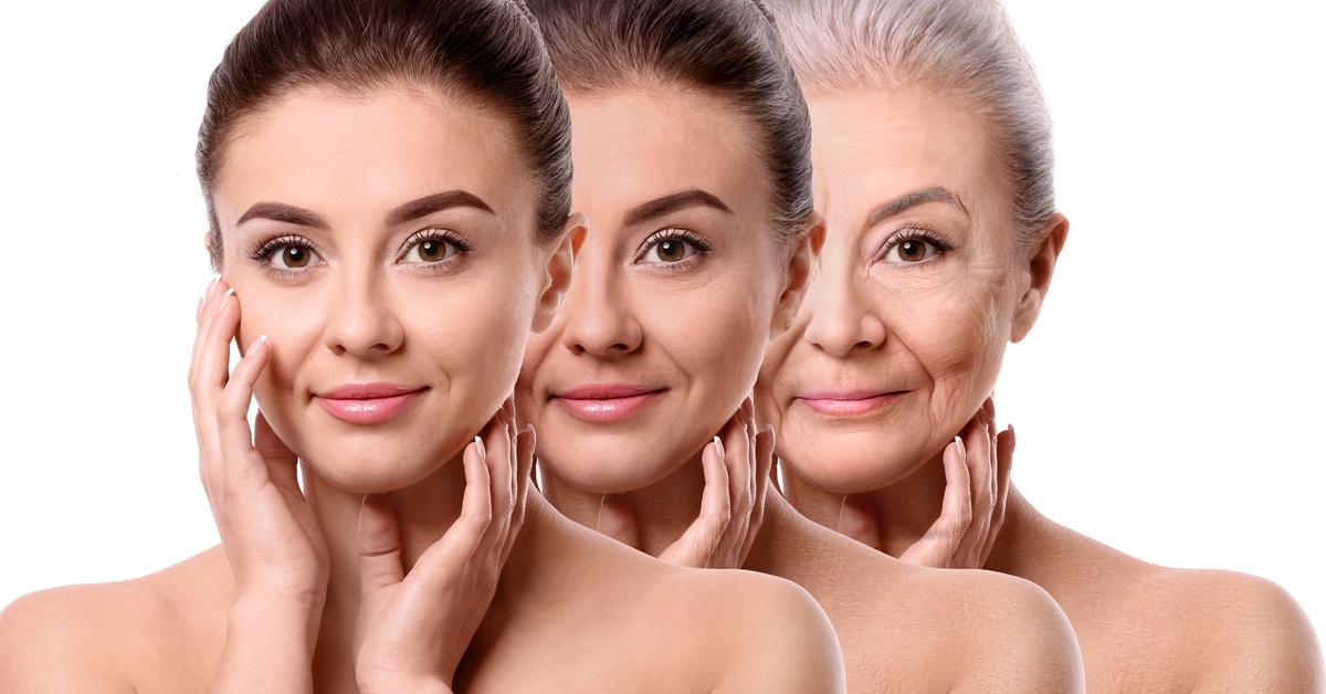 A series of portraits shows a woman aging from youth to older adulthood, illustrating visible facial changes over time.