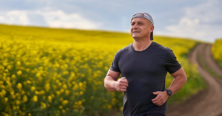 A middle-aged man runs along a rural path beside a field of yellow flowers during an outdoor workout.